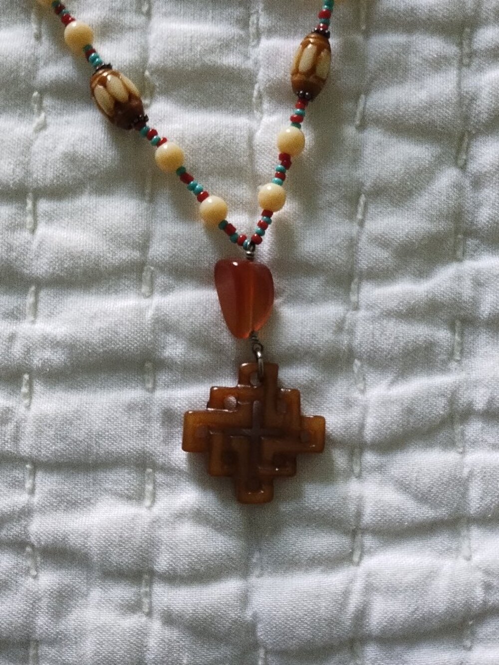 Sundance Cream Brown Turquoise Beaded Necklace Cross Pendant